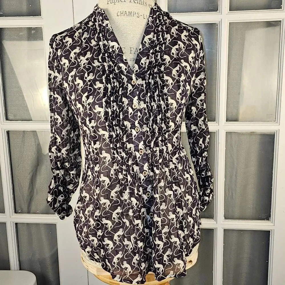 Maeve Anthropologie Womens Monkey Print Ruffle Blouse 0‎